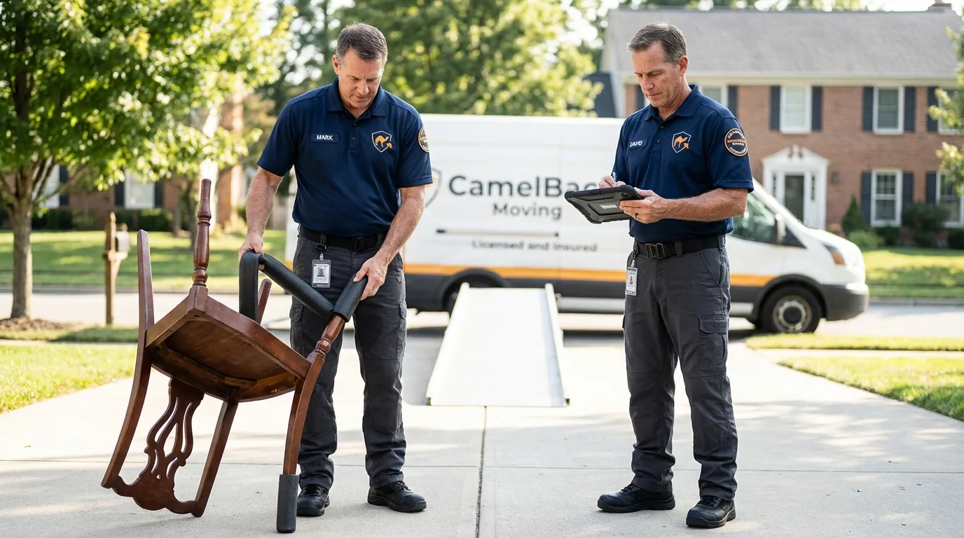 Movers inspecting furniture for damage prevention before loading in Buchanan, NY