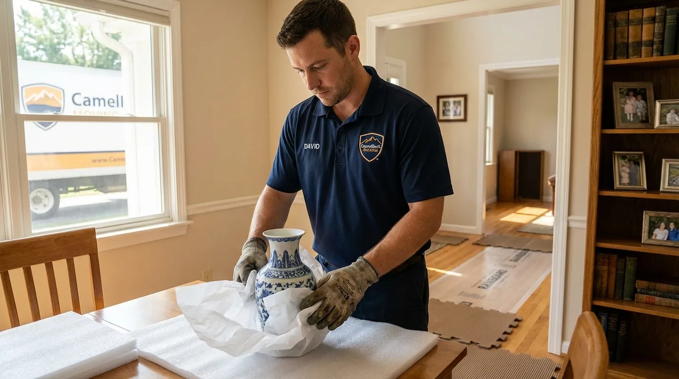 Professional crew carefully wrapping antique vase for senior downsizing move in Buchanan, NY